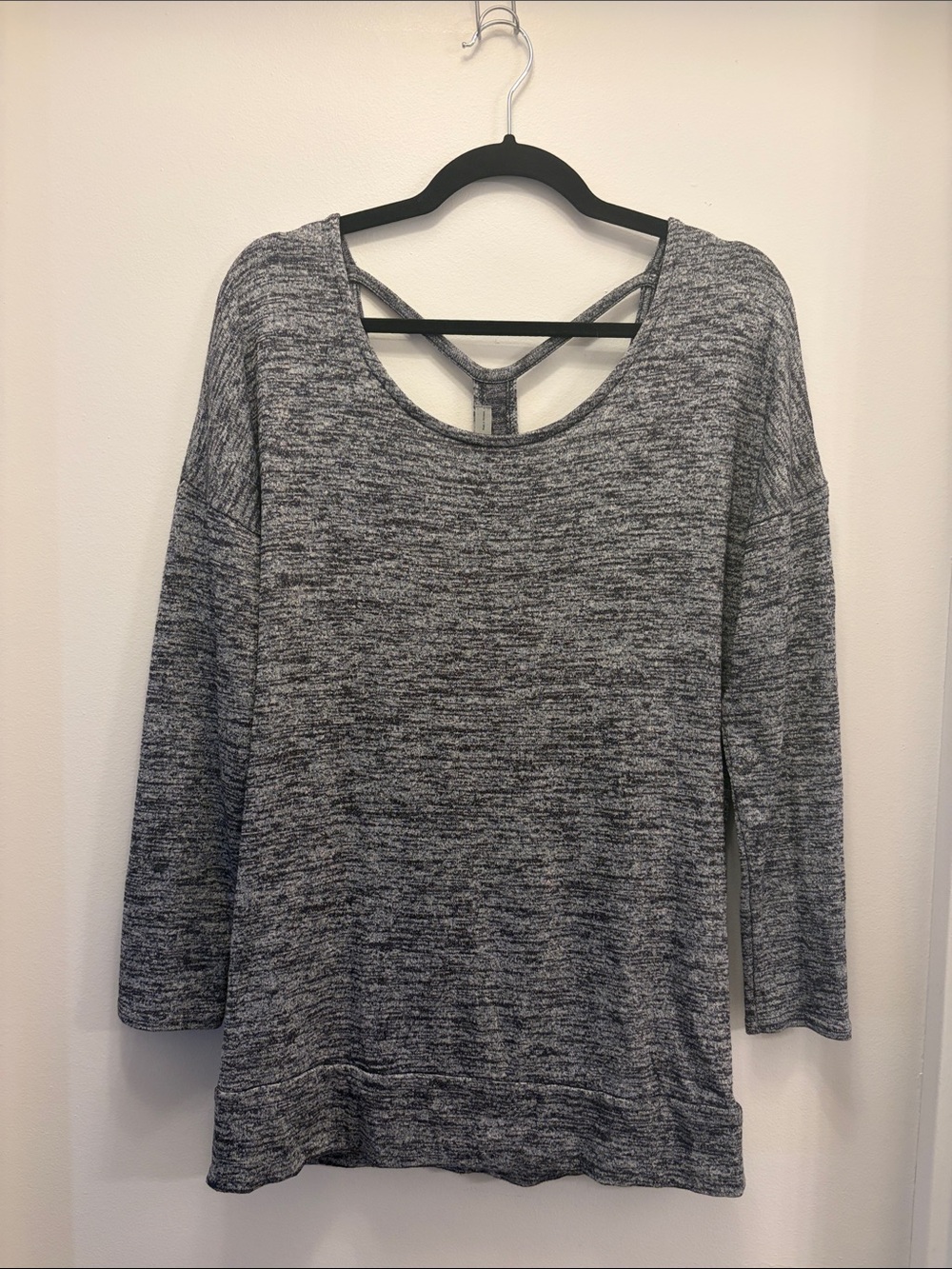 Athleta Gray Draped Crossover Open Back 3/4 Sleeve Tunic Top Size M Medium